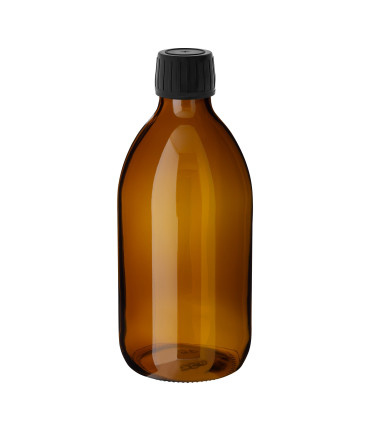 Braunglasflasche 300 ml PP28 Sirup mit schwarzem Schraubverschluss
