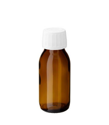 Braune Glasflasche 60 ml PP28 Sirup mit weißem Schraubverschluss