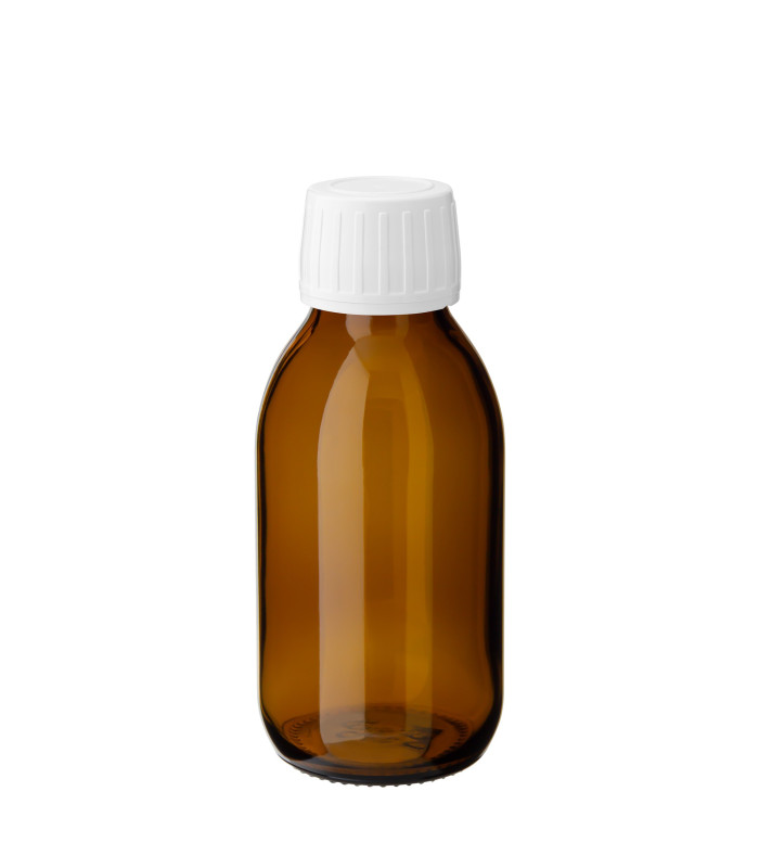 Glasflasche 100 ml Braunglas PP28 Sirup mit weißem Schraubverschluss