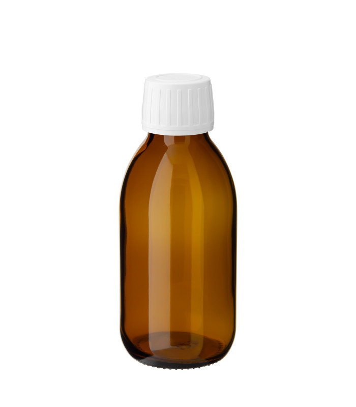 Braunglasflasche 125 ml PP28 Sirupflasche mit weißem Schraubverschluss