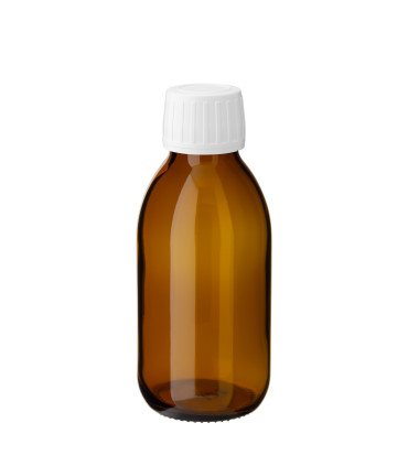 Braunglasflasche 125 ml PP28 Sirupflasche mit weißem Schraubverschluss