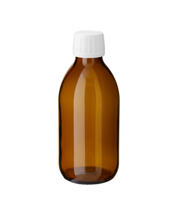 Glasflasche 200 ml braun PP28 Sirup mit weißem Schraubverschluss