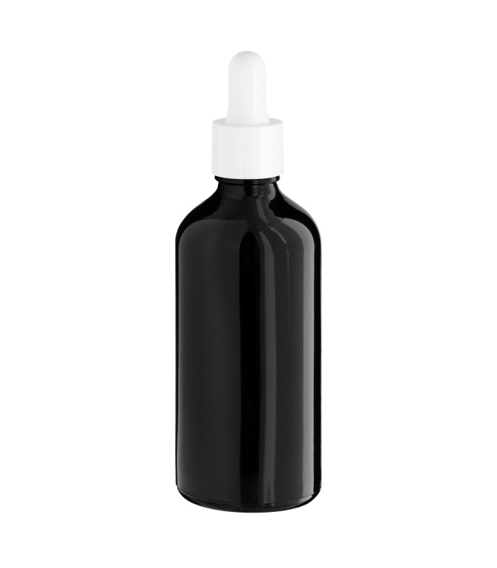 Schwarze Glasflasche 100 ml mit weißer Pipette | Leere Tropfflasche