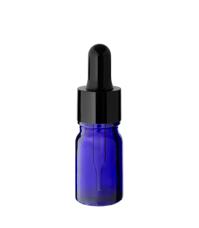 Blaue Glasflasche 5 ml mit schwarzer Pipette – leere Tropfflasche