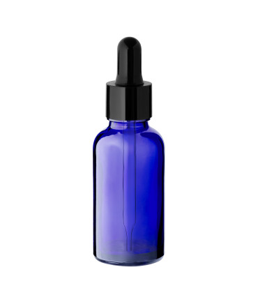 Blaue Glasflasche 30 ml mit schwarzer Pipette – leere Tropfflasche