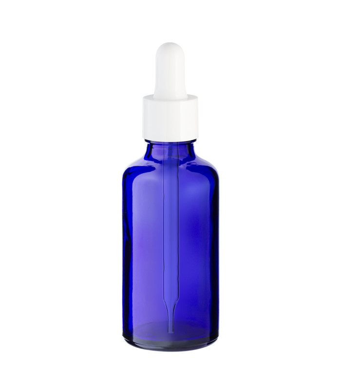 Blaue Glasflasche 50 ml mit weißer Glaspipette – leere Tropfflasche
