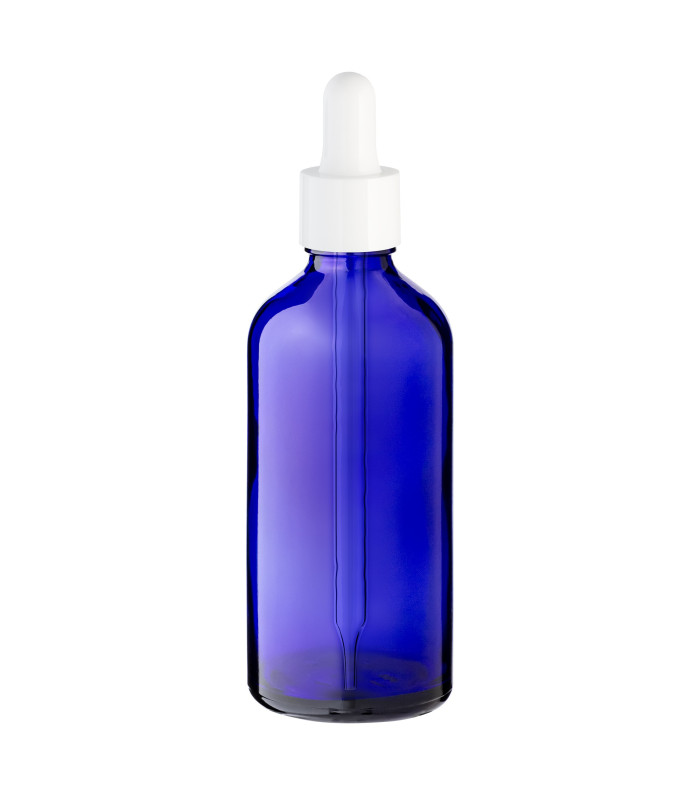 Glasflasche 100 ml blau mit weißer Tropfpipette – leere Tropfflasche