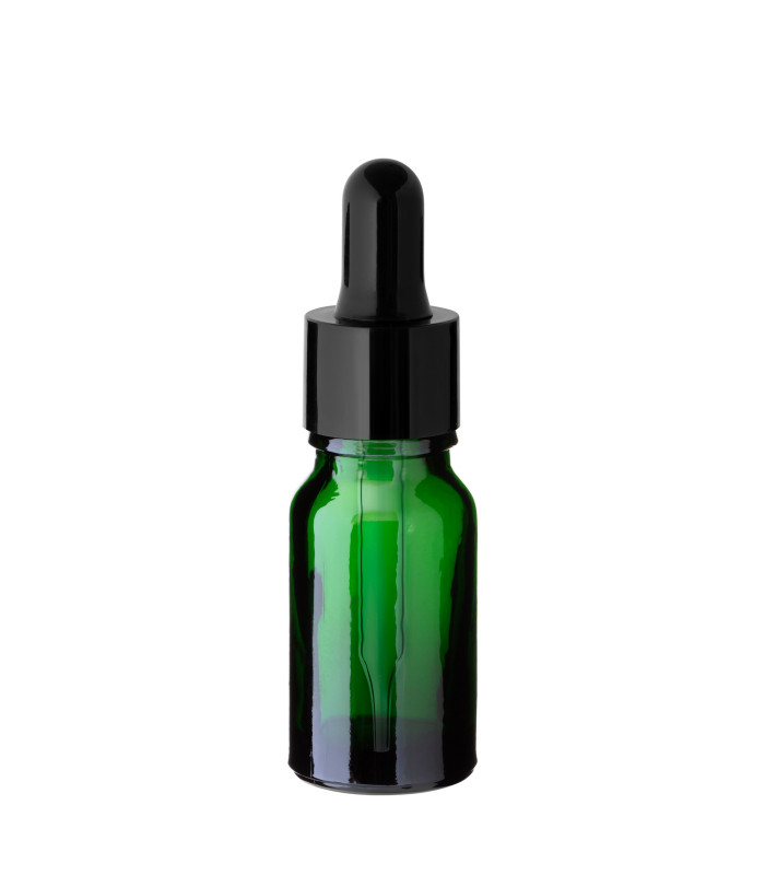 Grüne Glasflasche 10 ml mit schwarzer Pipette – leere Tropfflasche