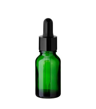 Grüne Glasflasche 15 ml mit schwarzer Pipette – leere Tropfflasche
