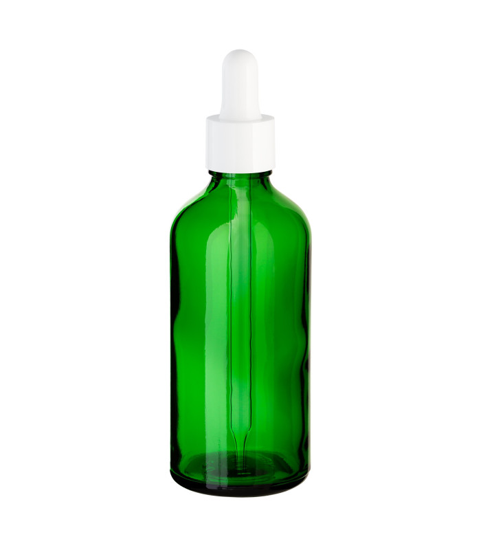 Grüne Glasflasche 100 ml mit weißer Pipette – leere Pipettenflasche