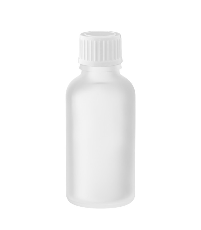 Glasflasche 30 ml klar matt mit weißem Schraubverschluss leer