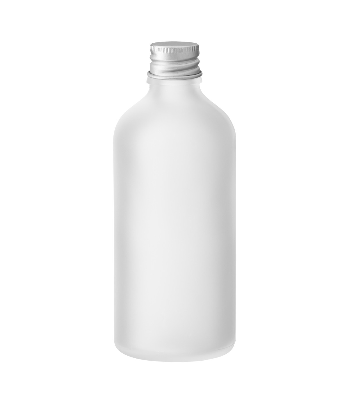 Glasflasche 100 ml klar matt mit silbernem Aluminium-Schraubverschluss