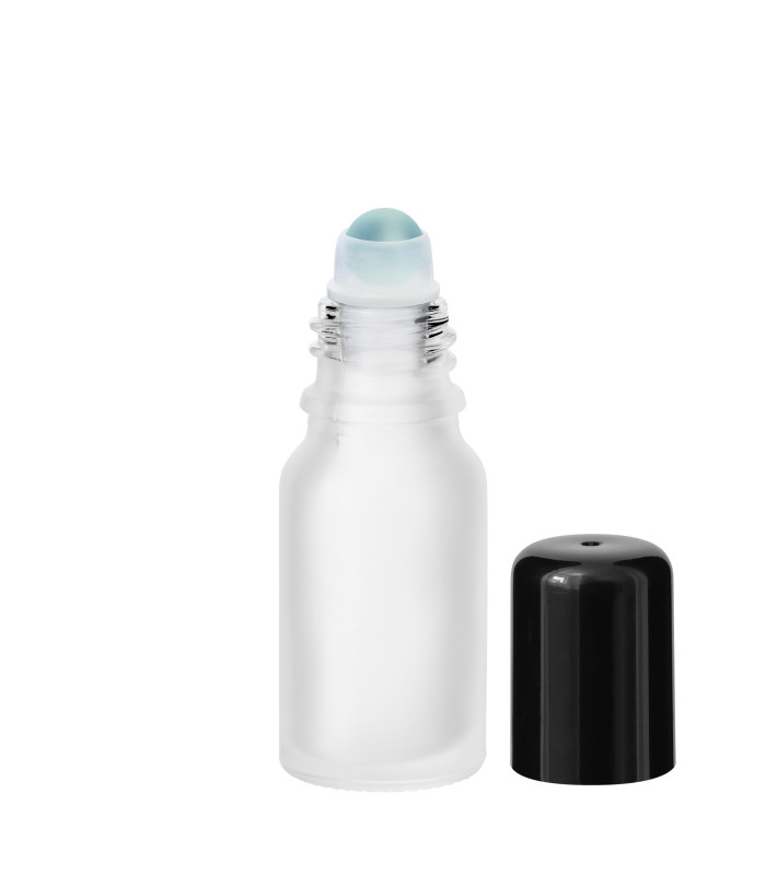 Glasflasche 10 ml klar matt Roll-on mit schwarzem Schraubverschluss