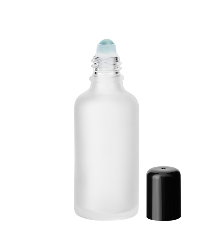 Glasflasche 50 ml klar satiniert Roll-on mit schwarzem Verschluss