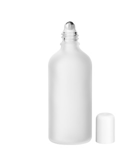 Glasflasche 100ml satiniert farblos mit Roll-on & weißem Verschluss