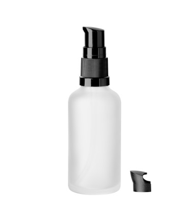 Glasflasche klar matt 50 ml mit schwarzem Pumpverschluss - Leer DIN 18