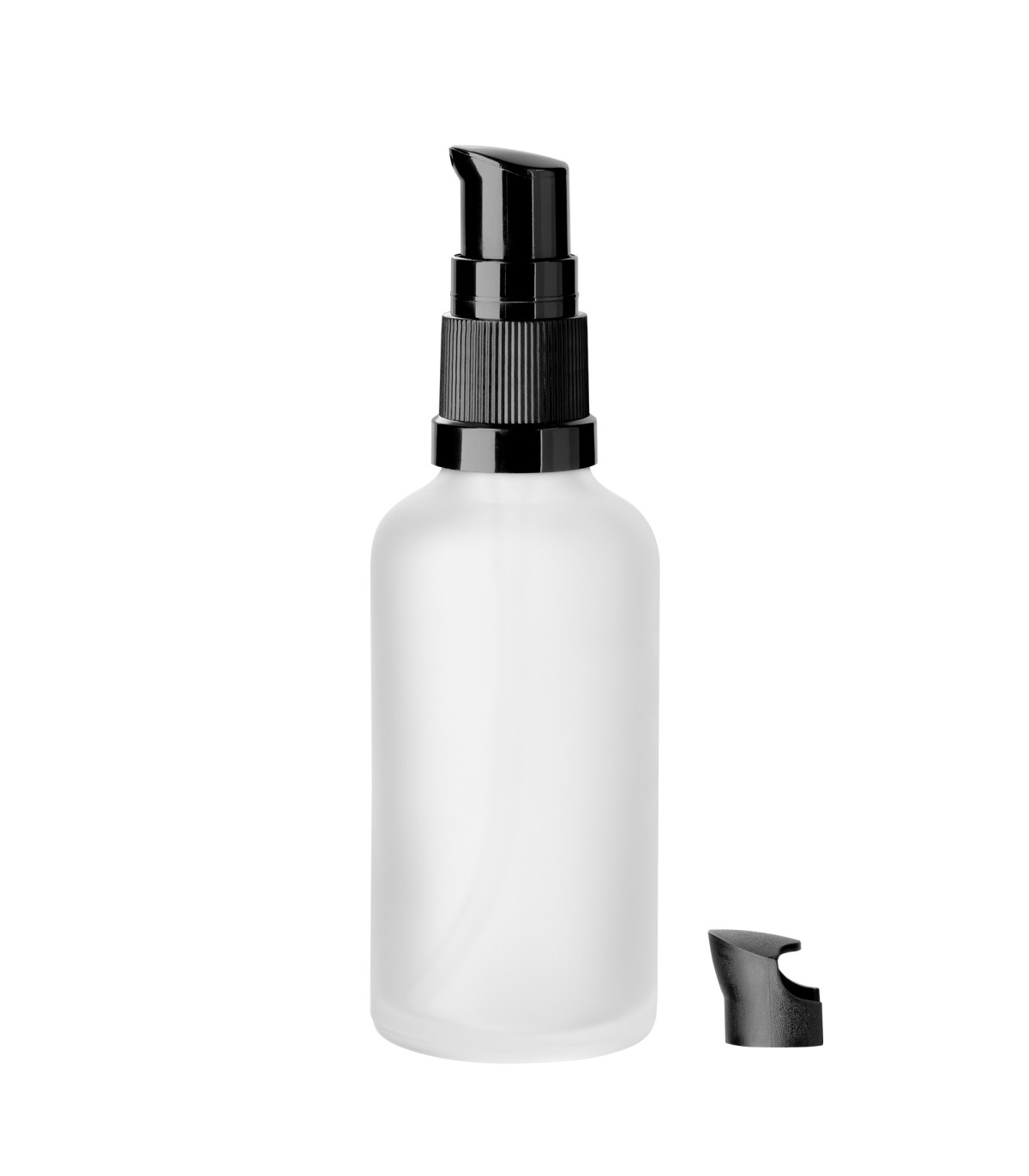 Glasflasche klar matt 50 ml mit schwarzem Pumpverschluss - Leer DIN 18