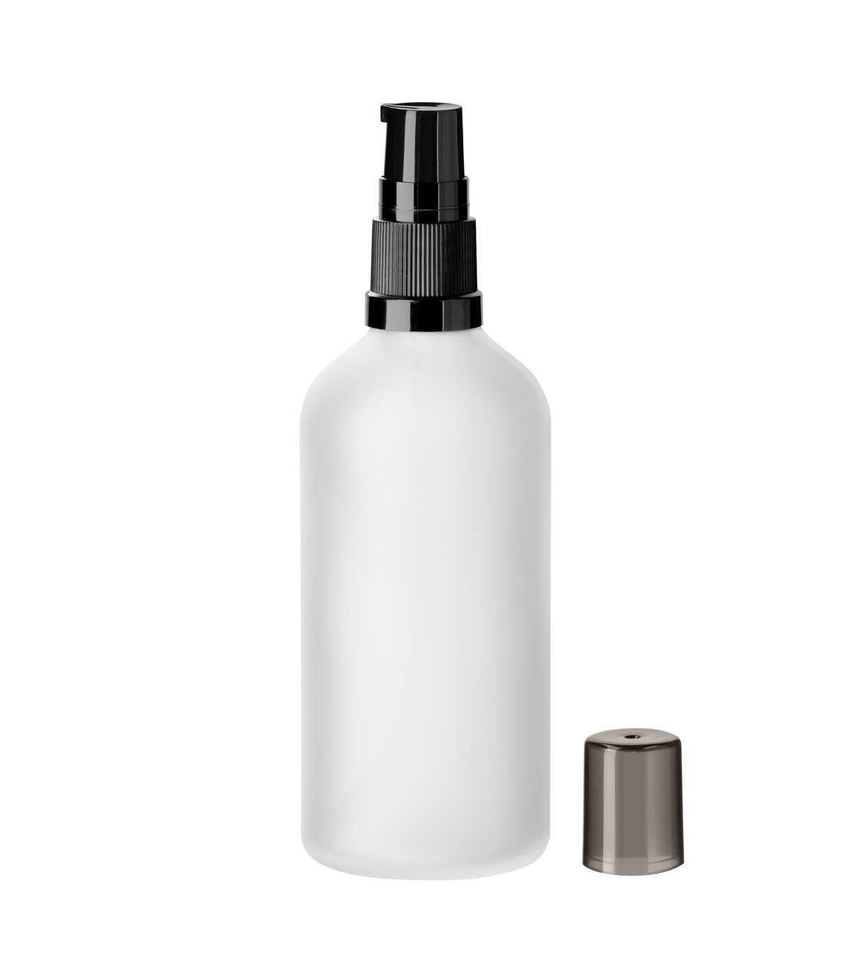 Glasflasche 100 ml klar matt mit schwarzer Pumpe | Pumpflasche 18 mm