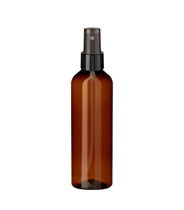 PET-Kunststoffflasche braun 200 ml mit schwarzem Sprühzerstäuber 24 mm