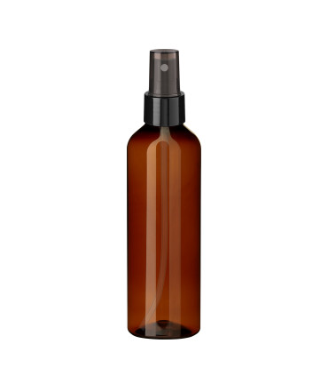 PET-Kunststoffflasche braun 200 ml mit schwarzem Sprühzerstäuber 24 mm