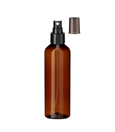 PET-Kunststoffflasche braun 200 ml mit schwarzem Sprühzerstäuber 24 mm