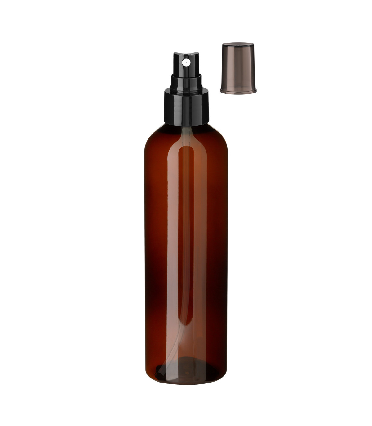 PET-Kunststoffflasche braun 250 ml mit schwarzem Zerstäuber | leer