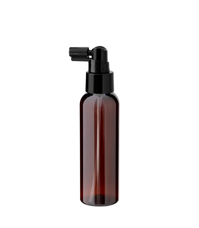 PET-Kunststoffflasche braun 100 ml mit schwarzem Zerstäuber | Leer