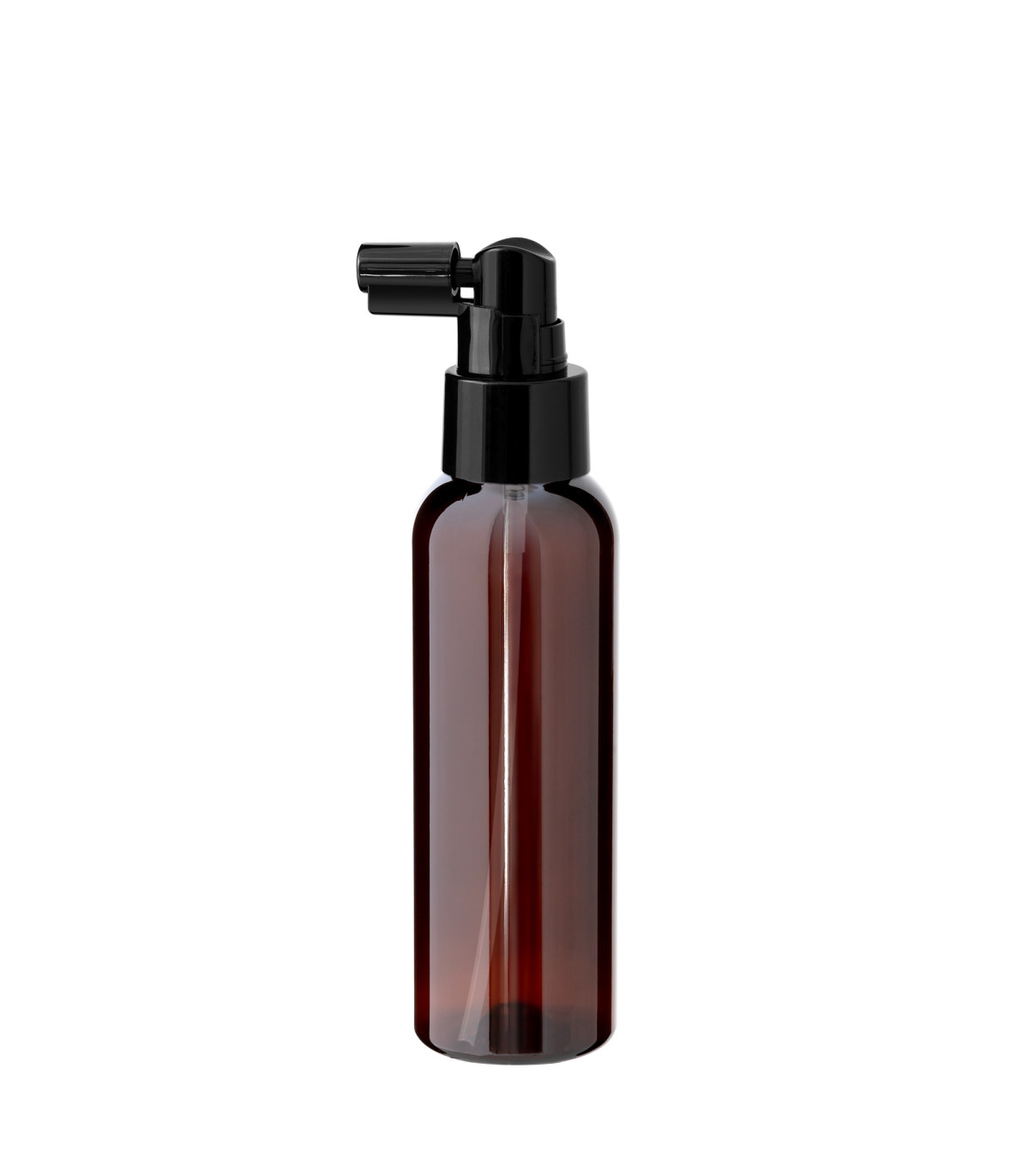 PET-Kunststoffflasche braun 100 ml mit schwarzem Zerstäuber | Leer