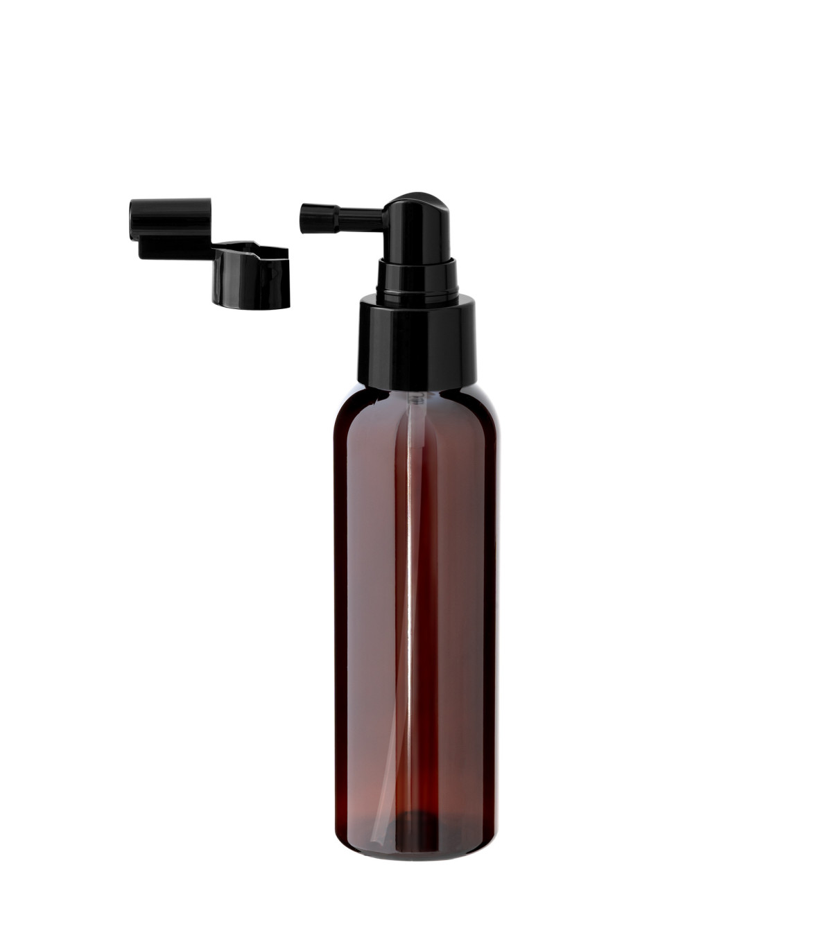 PET-Kunststoffflasche braun 100 ml mit schwarzem Zerstäuber | Leer