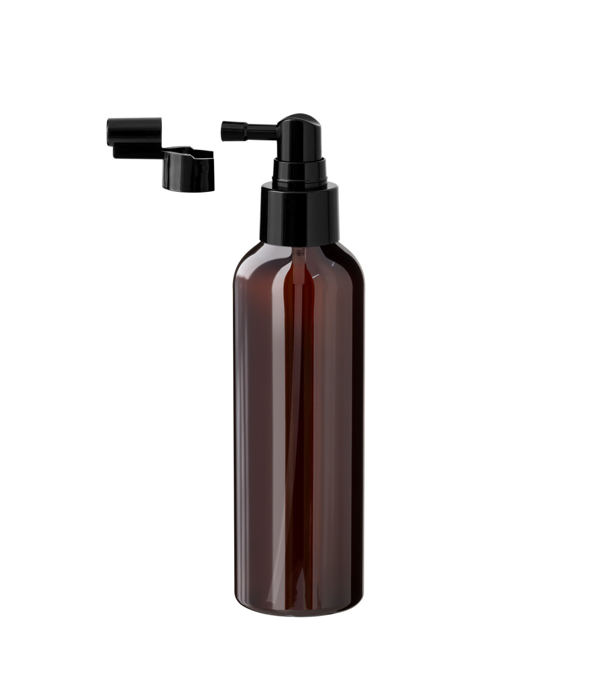 PET-Kunststoffflasche braun 150 ml mit schwarzem Sprühzerstäuber
