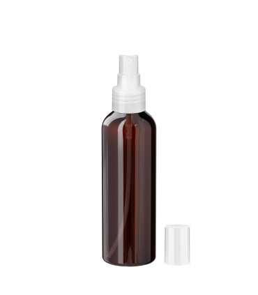 PET-Kunststoffflasche braun 150 ml mit farblosem Sprühzerstäuber 24 mm