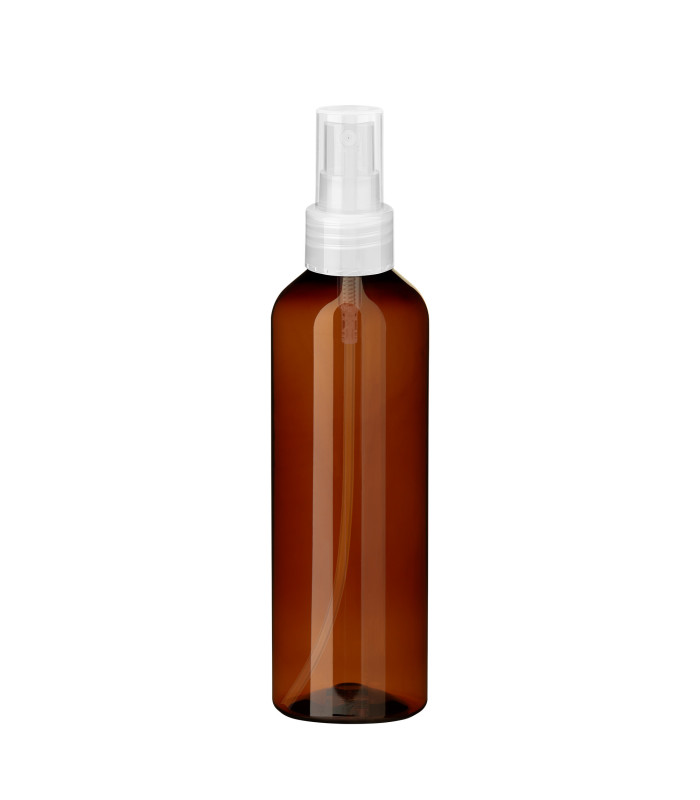 PET-Kunststoffflasche braun 200 ml mit transparentem Zerstäuber | Leer