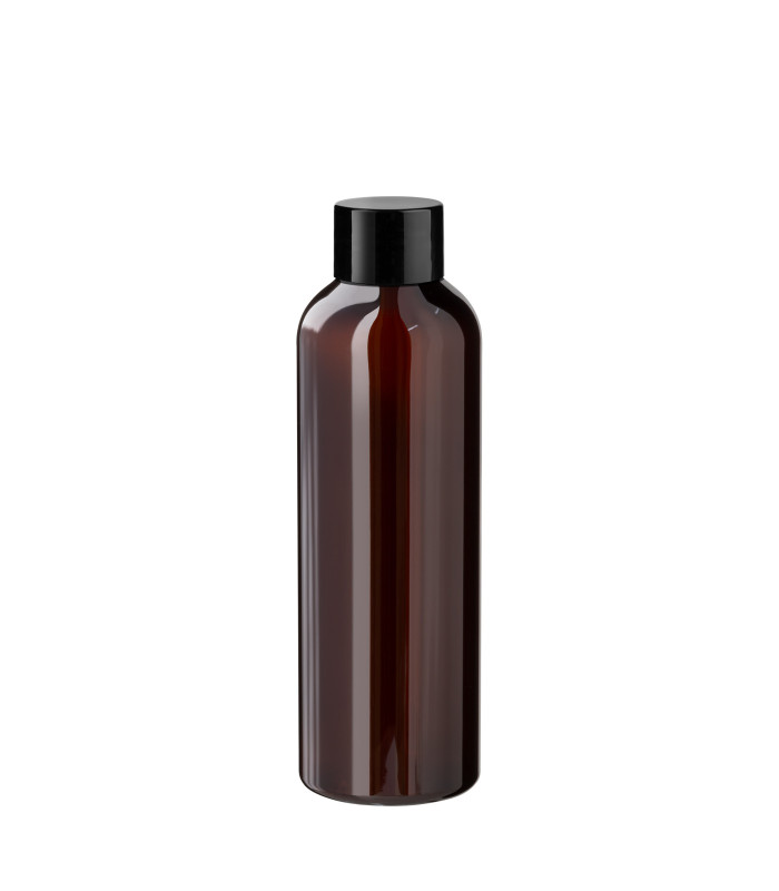 PET-Kunststoffflasche braun 150 ml mit schwarzem Schraubverschluss
