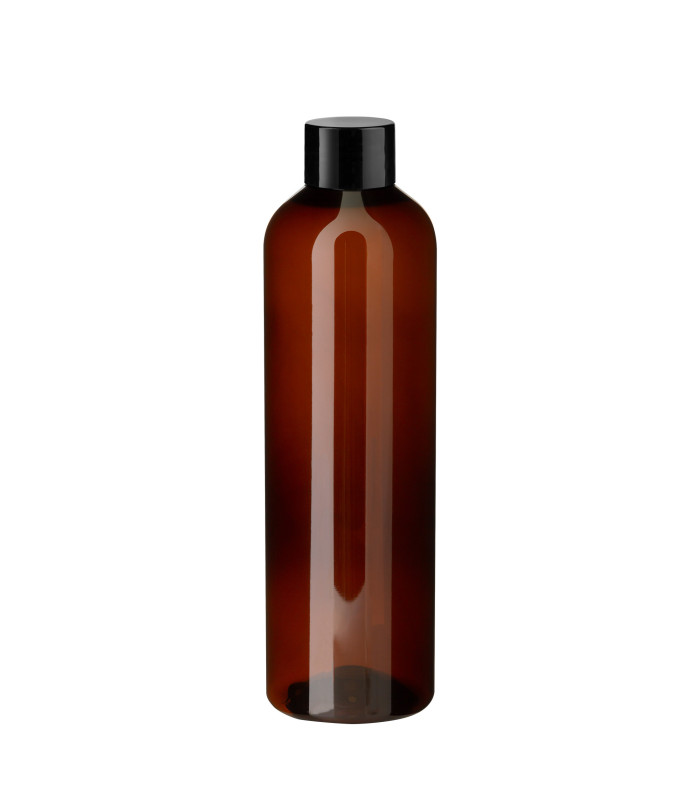 PET-Kunststoffflasche braun 250 ml mit schwarzem Schraubverschluss