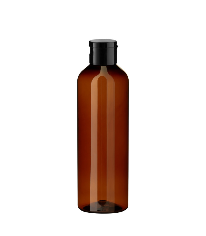 PET-Kunststoffflasche braun 200 ml mit schwarzem Flip-Top-Verschluss