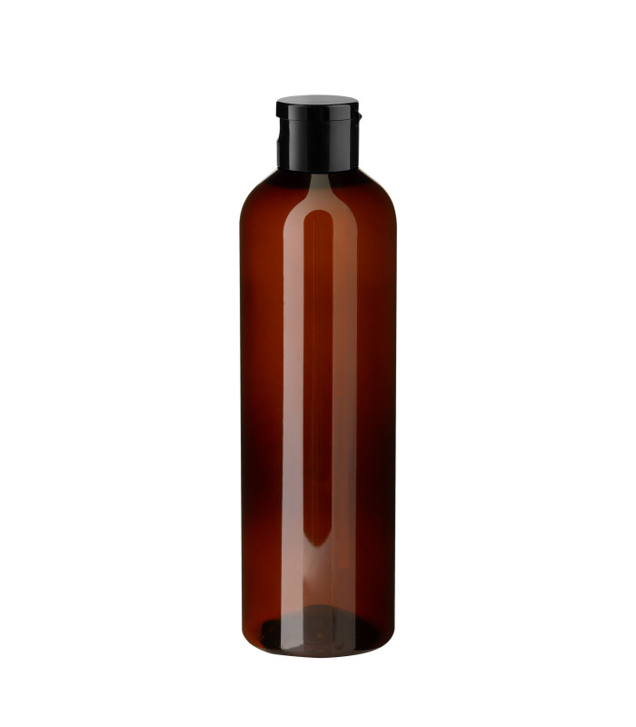 PET-Kunststoffflasche braun 250 ml mit schwarzem Flip-Top-Verschluss