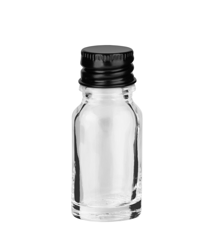 Glasflasche klar 10 ml mit schwarzem Aluminium-Schraubverschluss 18 mm