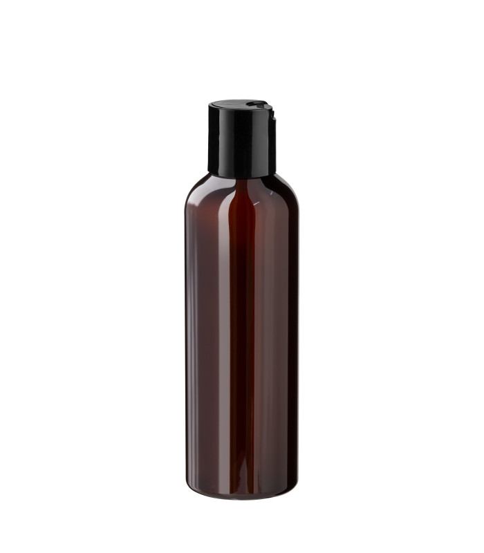 PET-Kunststoffflasche braun 150 ml mit schwarzem Disc-Top-Verschluss