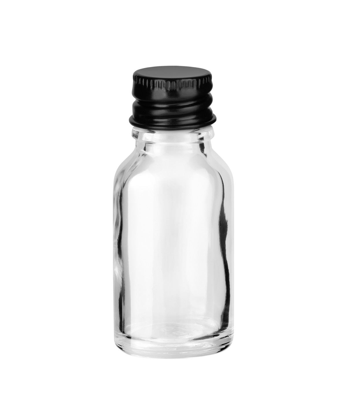 Glasflasche klar 15 ml mit schwarzem Aluminium-Schraubverschluss 18 mm