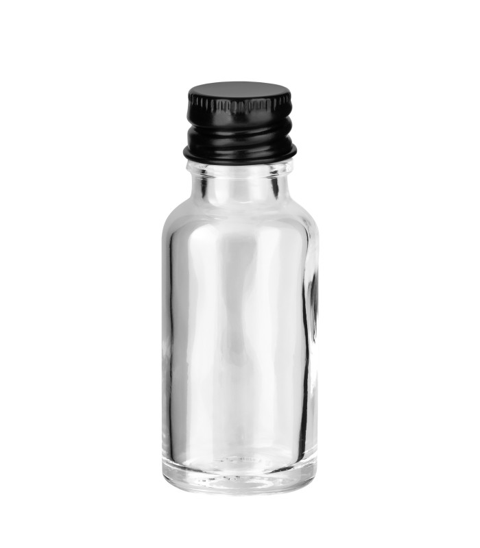 Glasflasche 20 ml klar mit schwarzem Aluminium-Schraubverschluss 18 mm