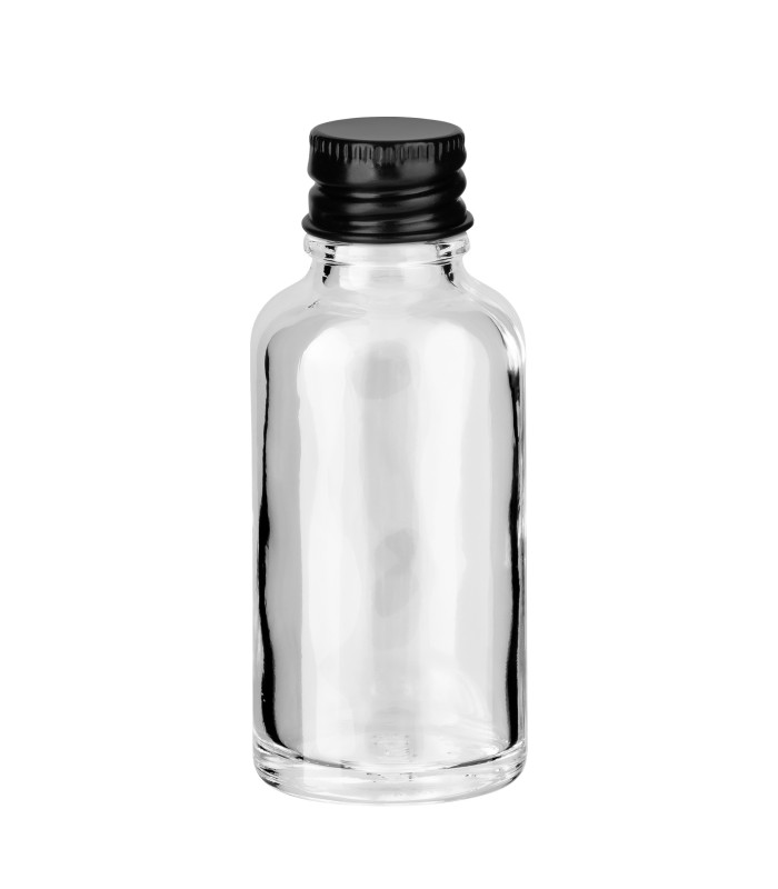 Glasflasche klar 30 ml mit schwarzem Aluminium-Schraubverschluss 18 mm