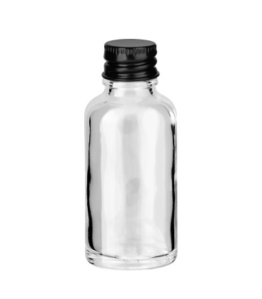 Glasflasche klar 30 ml mit schwarzem Aluminium-Schraubverschluss 18 mm
