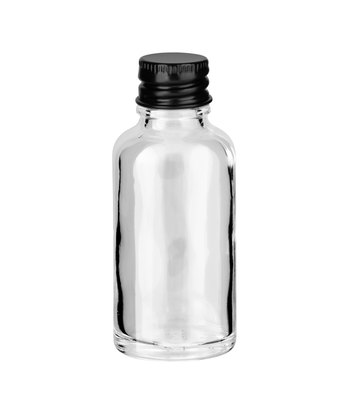 Glasflasche klar 30 ml mit schwarzem Aluminium-Schraubverschluss 18 mm