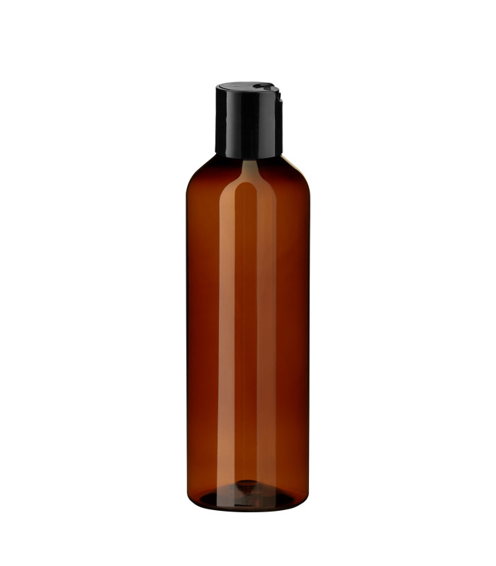 PET-Kunststoffflasche braun 200 ml mit schwarzem Disc-Top-Verschluss