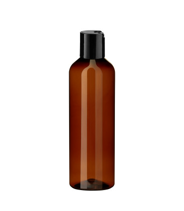 PET-Kunststoffflasche braun 200 ml mit schwarzem Disc-Top-Verschluss