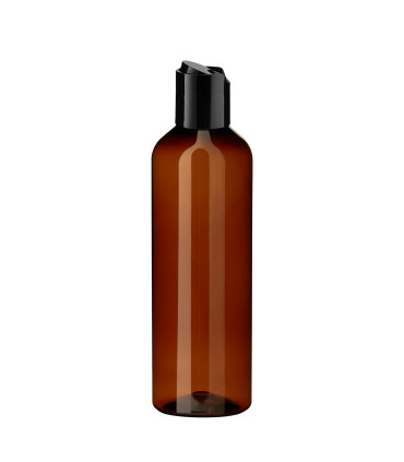PET-Kunststoffflasche braun 200 ml mit schwarzem Disc-Top-Verschluss