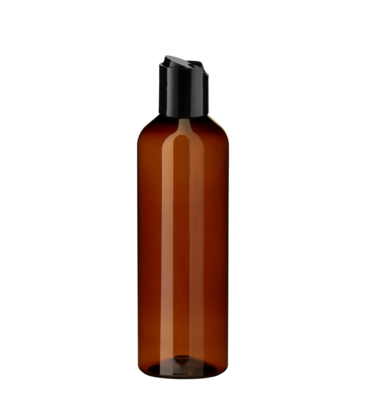 PET-Kunststoffflasche braun 200 ml mit schwarzem Disc-Top-Verschluss