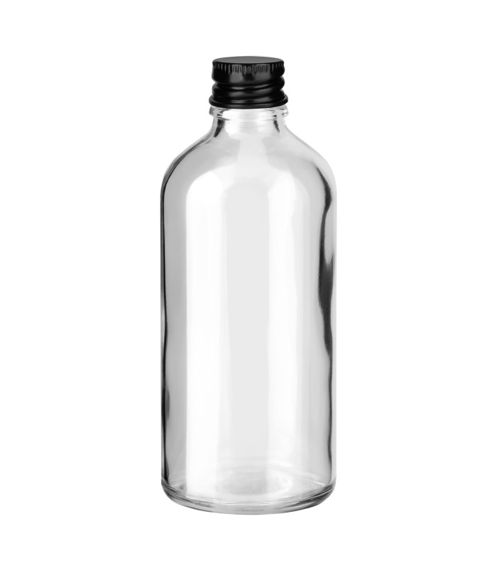 Glasflasche klar 100 ml mit schwarzem Aluminium-Schraubverschluss 18mm