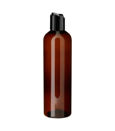 PET-Kunststoffflasche braun 250 ml mit schwarzem Disc-Top-Verschluss
