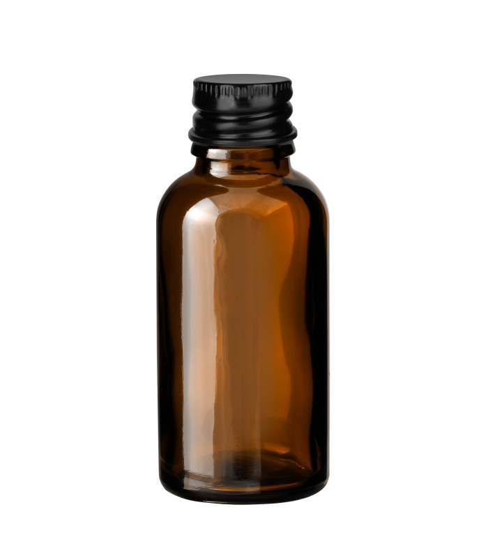 Glasflasche braun 30 ml mit schwarzem Aluminium-Schraubverschluss 18mm